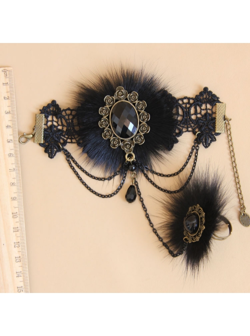 Retro Gothic Fashion Black Lace Fox Hair Female Bracelet With Ring One Chain