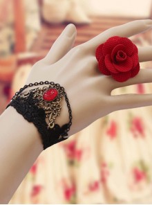 Retro Fashion Gothic Red Rose Flower Black Lace Female With Ring Bracelet