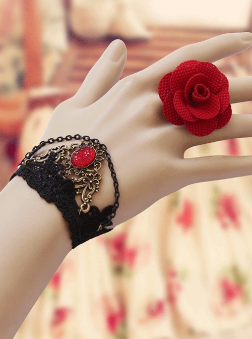 Retro Fashion Gothic Red Rose Flower Black Lace Female With Ring Bracelet
