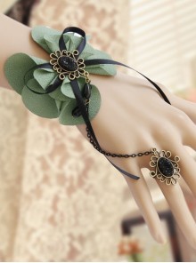 Fashion Retro Black Bow Lace Green Flower Female Bracelet With Ring One Chain