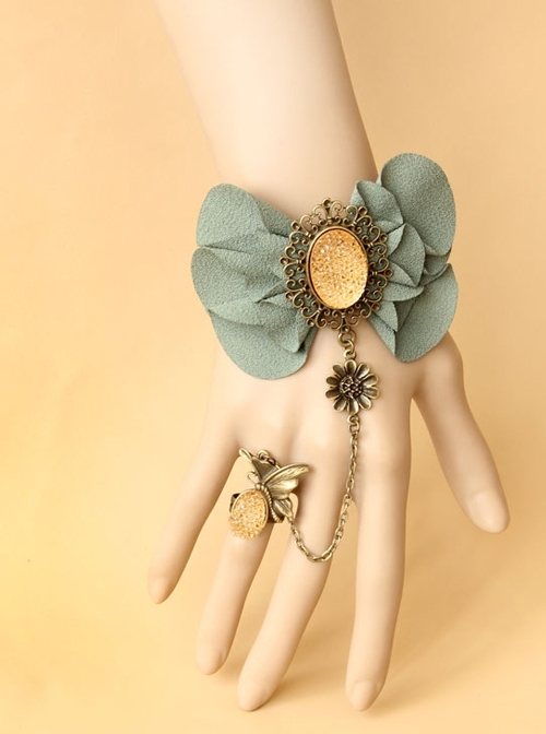 Fashion Retro Dreamy Fairy Handmade Green Flower Black Lace Female Bracelet With Ring One Chain