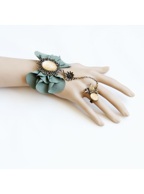 Fashion Retro Dreamy Fairy Handmade Green Flower Black Lace Female Bracelet With Ring One Chain