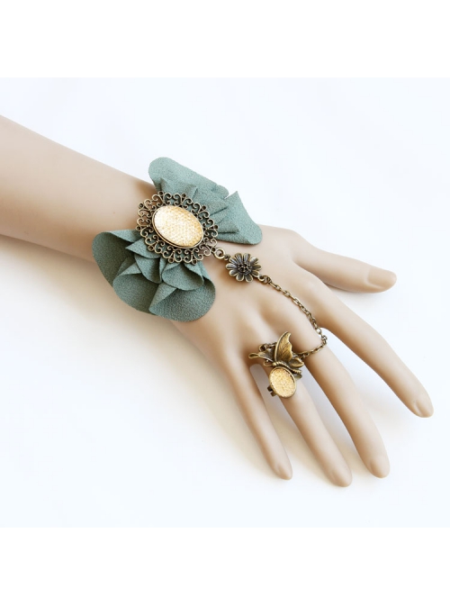 Fashion Retro Dreamy Fairy Handmade Green Flower Black Lace Female Bracelet With Ring One Chain