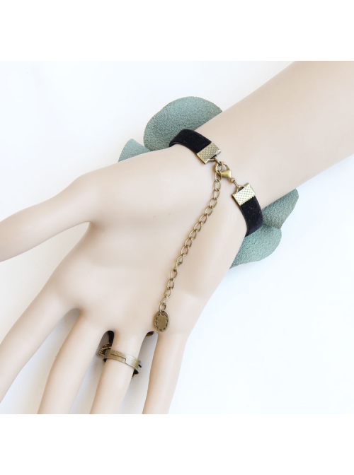 Fashion Retro Dreamy Fairy Handmade Green Flower Black Lace Female Bracelet With Ring One Chain