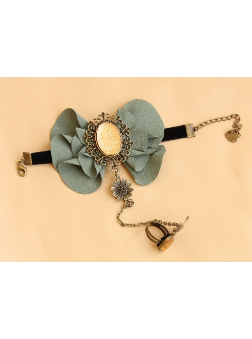 Fashion Retro Dreamy Fairy Handmade Green Flower Black Lace Female Bracelet With Ring One Chain