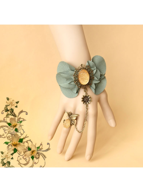 Fashion Retro Dreamy Fairy Handmade Green Flower Black Lace Female Bracelet With Ring One Chain