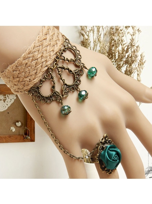 Retro Creative Fashion Beach Travel Green Crystal Rose Hemp Rope Female Bracelet With Ring One Chain