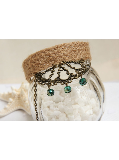 Retro Creative Fashion Beach Travel Green Crystal Rose Hemp Rope Female Bracelet With Ring One Chain