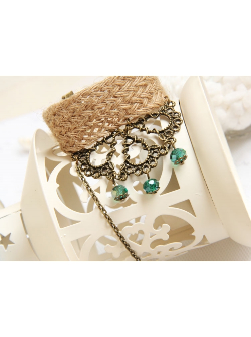 Retro Creative Fashion Beach Travel Green Crystal Rose Hemp Rope Female Bracelet With Ring One Chain
