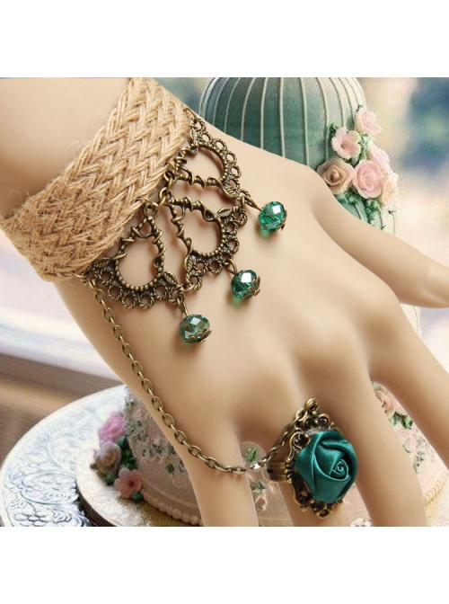 Retro Creative Fashion Beach Travel Green Crystal Rose Hemp Rope Female Bracelet With Ring One Chain