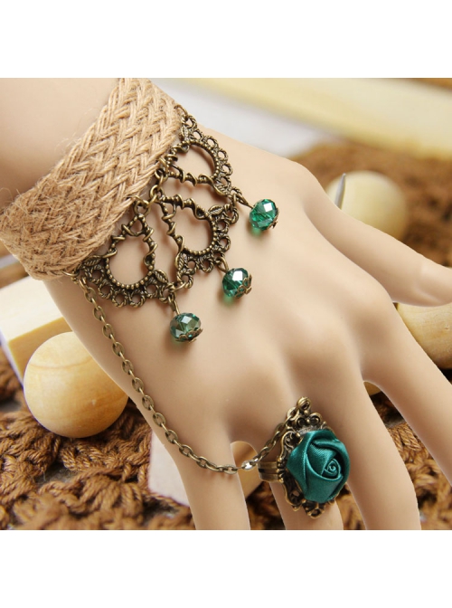 Retro Creative Fashion Beach Travel Green Crystal Rose Hemp Rope Female Bracelet With Ring One Chain