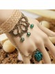 Retro Creative Fashion Beach Travel Green Crystal Rose Hemp Rope Female Bracelet With Ring One Chain