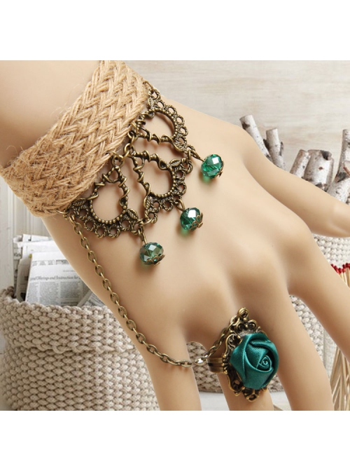 Retro Creative Fashion Beach Travel Green Crystal Rose Hemp Rope Female Bracelet With Ring One Chain
