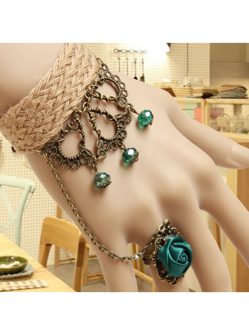 Retro Creative Fashion Beach Travel Green Crystal Rose Hemp Rope Female Bracelet With Ring One Chain