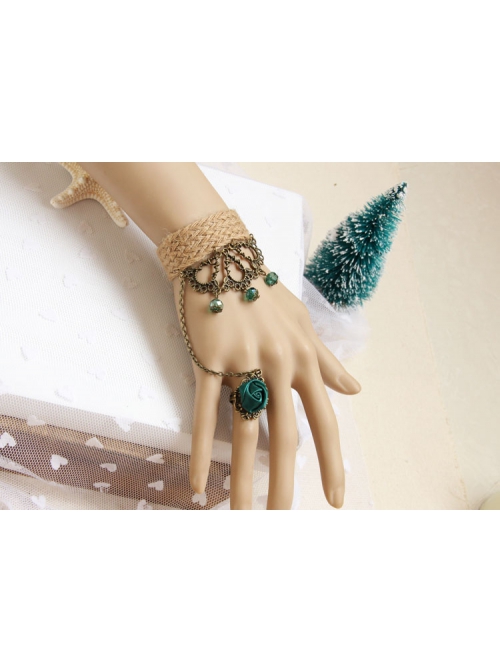 Retro Creative Fashion Beach Travel Green Crystal Rose Hemp Rope Female Bracelet With Ring One Chain