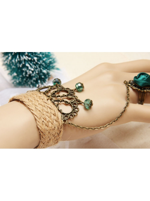 Retro Creative Fashion Beach Travel Green Crystal Rose Hemp Rope Female Bracelet With Ring One Chain