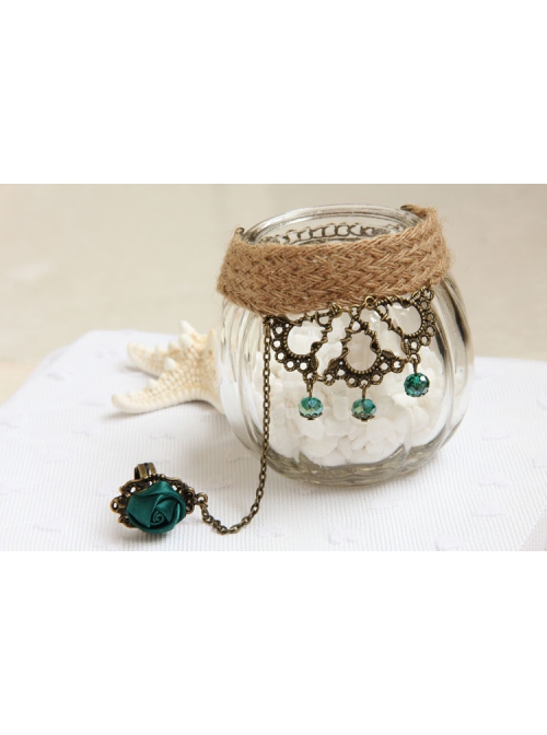 Retro Creative Fashion Beach Travel Green Crystal Rose Hemp Rope Female Bracelet With Ring One Chain