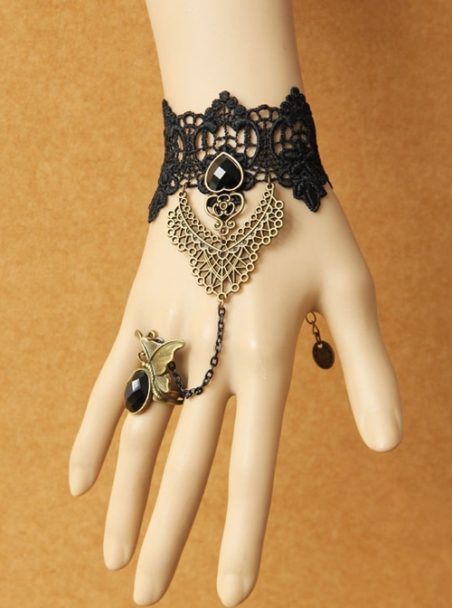 Gothic Retro Fashion Weaving Wishing Black Lace Pearl Palace Female Bracelet Ring One Chain