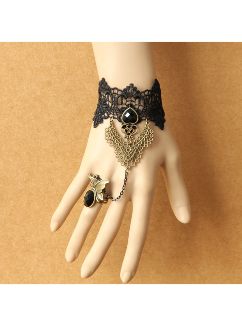 Gothic Retro Fashion Weaving Wishing Black Lace Pearl Palace Female Bracelet Ring One Chain