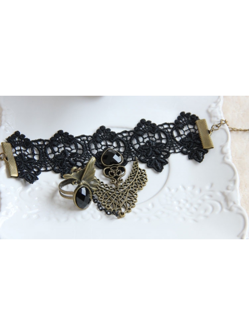 Gothic Retro Fashion Weaving Wishing Black Lace Pearl Palace Female Bracelet Ring One Chain