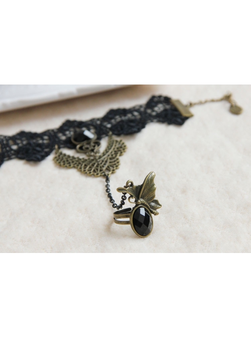 Gothic Retro Fashion Weaving Wishing Black Lace Pearl Palace Female Bracelet Ring One Chain