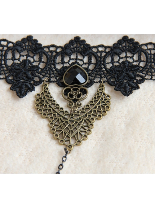 Gothic Retro Fashion Weaving Wishing Black Lace Pearl Palace Female Bracelet Ring One Chain