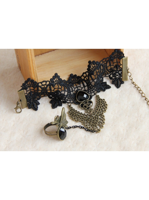 Gothic Retro Fashion Weaving Wishing Black Lace Pearl Palace Female Bracelet Ring One Chain