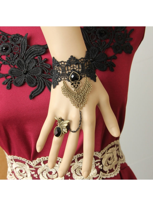 Gothic Retro Fashion Weaving Wishing Black Lace Pearl Palace Female Bracelet Ring One Chain