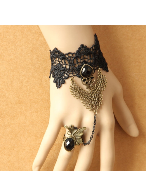 Gothic Retro Fashion Weaving Wishing Black Lace Pearl Palace Female Bracelet Ring One Chain