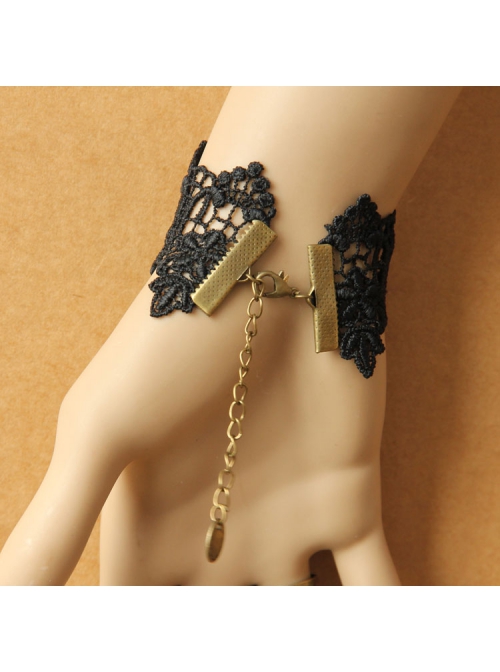 Gothic Retro Fashion Weaving Wishing Black Lace Pearl Palace Female Bracelet Ring One Chain