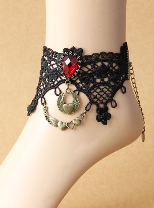 Retro Gothic Fashion Vampire Love Female Black Lace Ruby Female Anklet