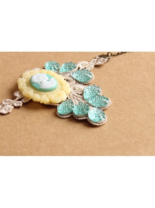 Retro Fashion Elegant Beauty Head Green Crystal White Lace Female Bracelet