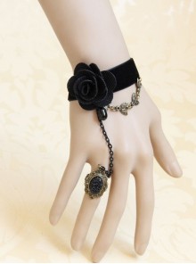 Fashion Retro Gothic Handmade Black Rose Flower Velvet Female Bracelet With Ring One Chain