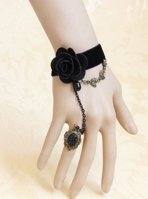 Fashion Retro Gothic Handmade Black Rose Flower Velvet Female Bracelet With Ring One Chain