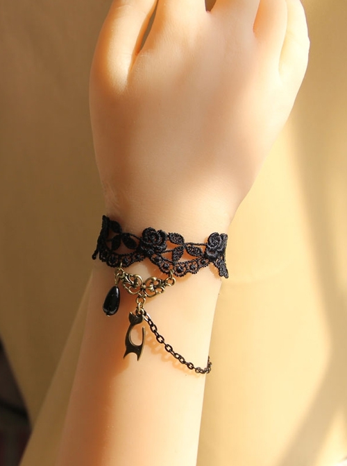 Retro Gothic Fashion Simple Bride Cat Black Lace Fringe Female Bracelet