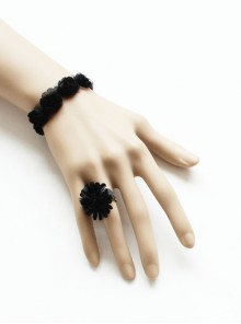 Retro Fashion Gothic Simple Black Lace Flower Female With Ring Bracelet