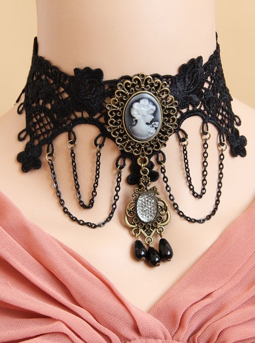 Gothic Retro Fashion Christmas Holiday Prom Black Pearl Lace Tassel Female Antique Choker