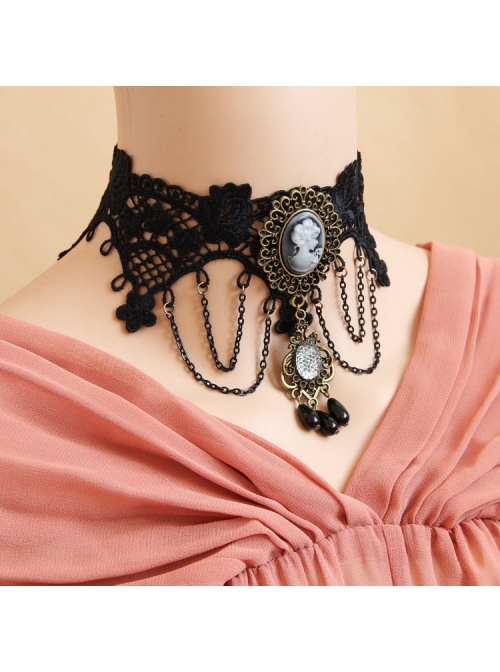 Gothic Retro Fashion Christmas Holiday Prom Black Pearl Lace Tassel Female Antique Choker