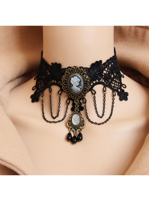 Gothic Retro Fashion Christmas Holiday Prom Black Pearl Lace Tassel Female Antique Choker