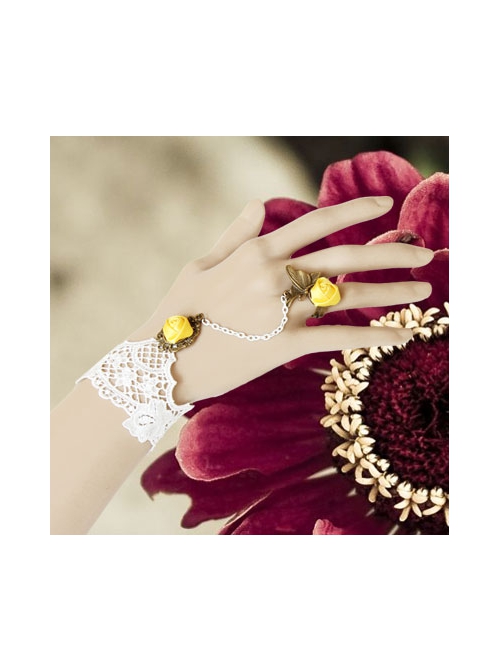 Fashion Casual Elegant Bride Bridesmaid White Lace Yellow Rose Flower Female Bracelet With Ring One Chain