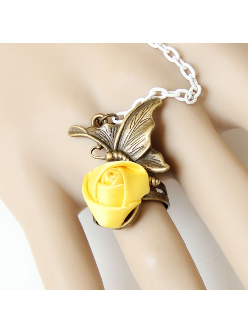 Fashion Casual Elegant Bride Bridesmaid White Lace Yellow Rose Flower Female Bracelet With Ring One Chain