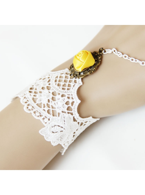 Fashion Casual Elegant Bride Bridesmaid White Lace Yellow Rose Flower Female Bracelet With Ring One Chain