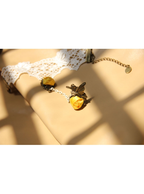 Fashion Casual Elegant Bride Bridesmaid White Lace Yellow Rose Flower Female Bracelet With Ring One Chain