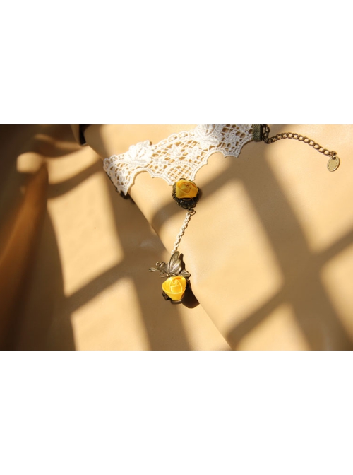 Fashion Casual Elegant Bride Bridesmaid White Lace Yellow Rose Flower Female Bracelet With Ring One Chain