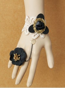 Gothic Retro Black Flower Fashion Golden Lace Female Bracelet With Ring One Chain