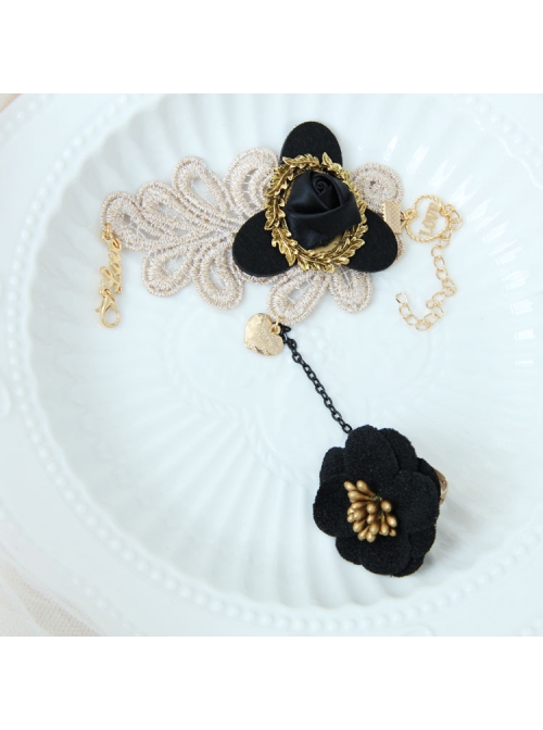 Gothic Retro Black Flower Fashion Golden Lace Female Bracelet With Ring One Chain