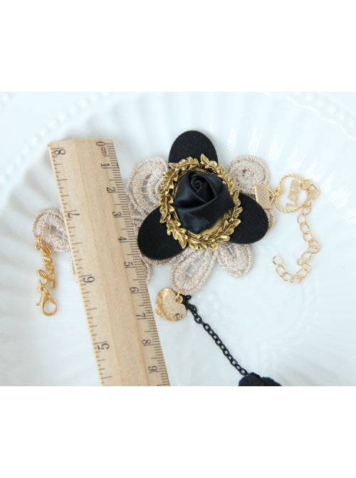 Gothic Retro Black Flower Fashion Golden Lace Female Bracelet With Ring One Chain