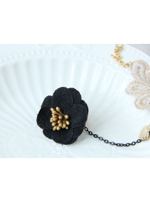 Gothic Retro Black Flower Fashion Golden Lace Female Bracelet With Ring One Chain
