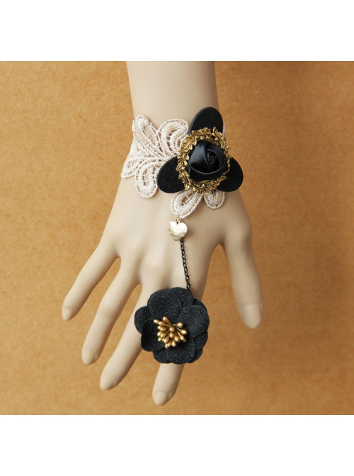 Gothic Retro Black Flower Fashion Golden Lace Female Bracelet With Ring One Chain