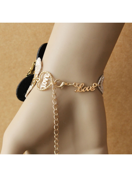 Gothic Retro Black Flower Fashion Golden Lace Female Bracelet With Ring One Chain